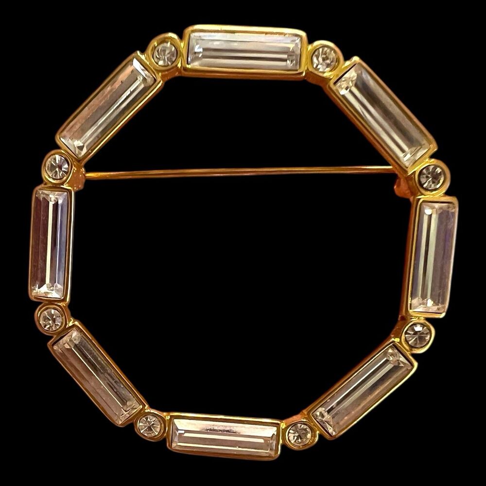 Vintage Signed MONET Clear Baguette Rhinestone Gold Tone Circular Brooch / Pin